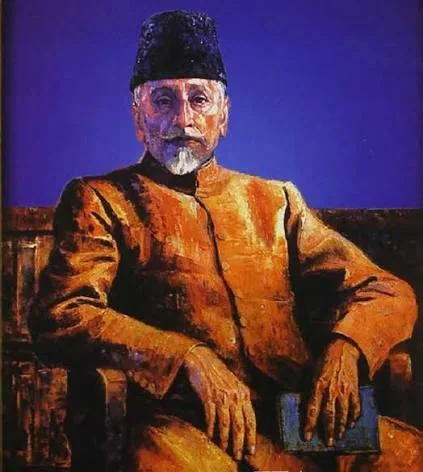 Oil-painted portrait of Maulana Abul Kalam Azad in an ochre sherwani against a deep blue background, one hand resting on a book.