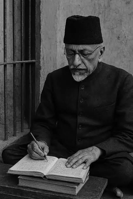 Monochrome depiction of Maulana Abul Kalam Azad seated cross-legged writing in an open notebook beside barred windows.