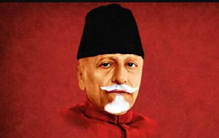 Colour illustrated portrait of Maulana Abul Kalam Azad in a dark red sherwani and black cap against a red background.