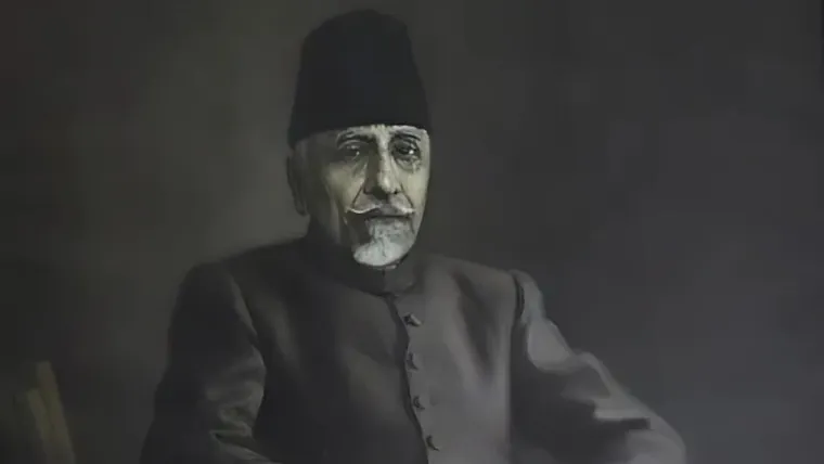 Dark painted portrait of Maulana Abul Kalam Azad seated, wearing a high-collared coat and karakul cap.